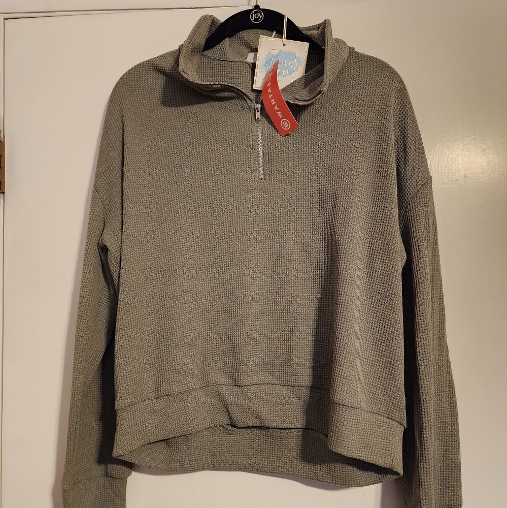 Cloud Ten quarter zip green waffle knit top